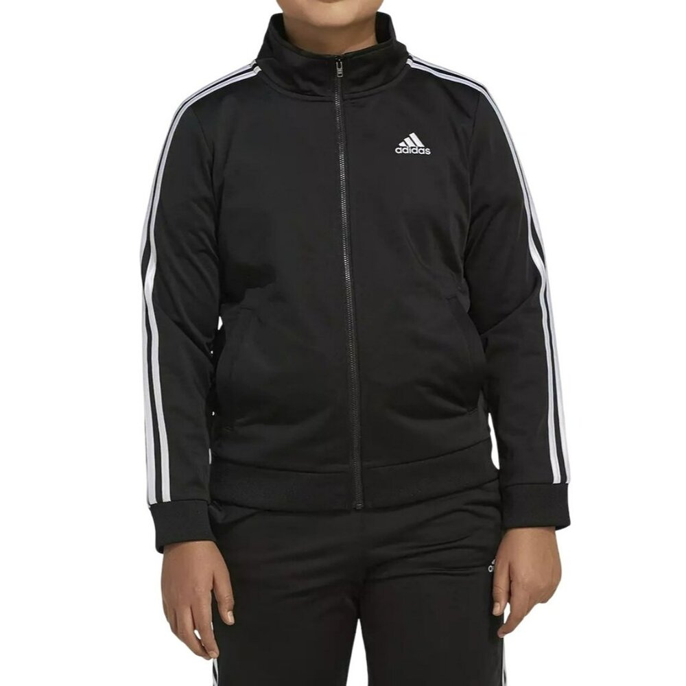 Adidas Boys XL 18-20 Black Full Zip Athletic Track Jacket White Stripes Logo